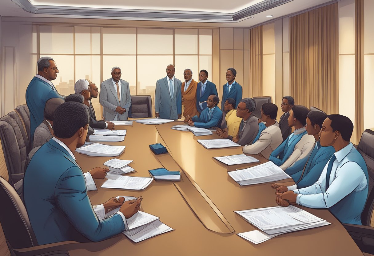 A group of tier 4 microfinance institutions and money lenders are gathered in a boardroom, discussing and reviewing regulations and operations