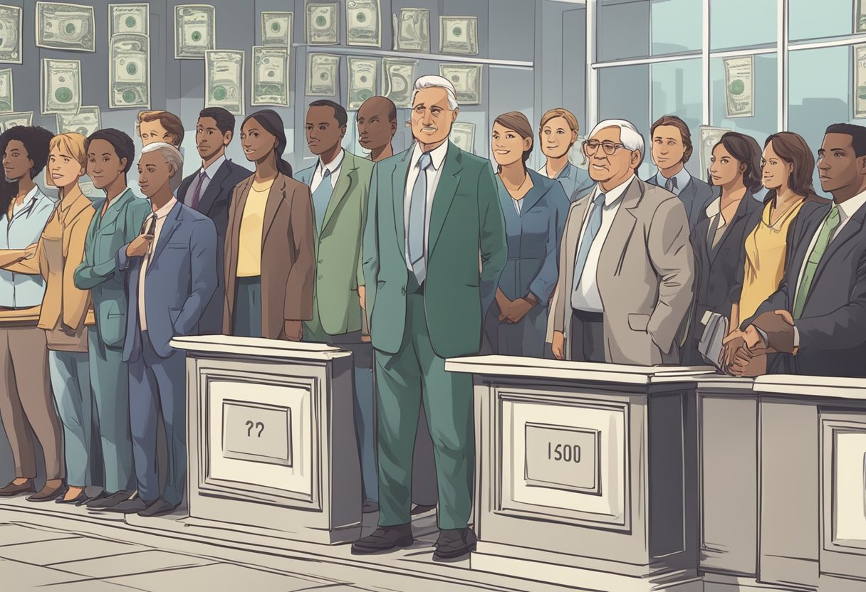 A group of money lenders standing in a line, with people approaching them one by one to ask questions. The lenders are seated behind desks, with signs indicating their services