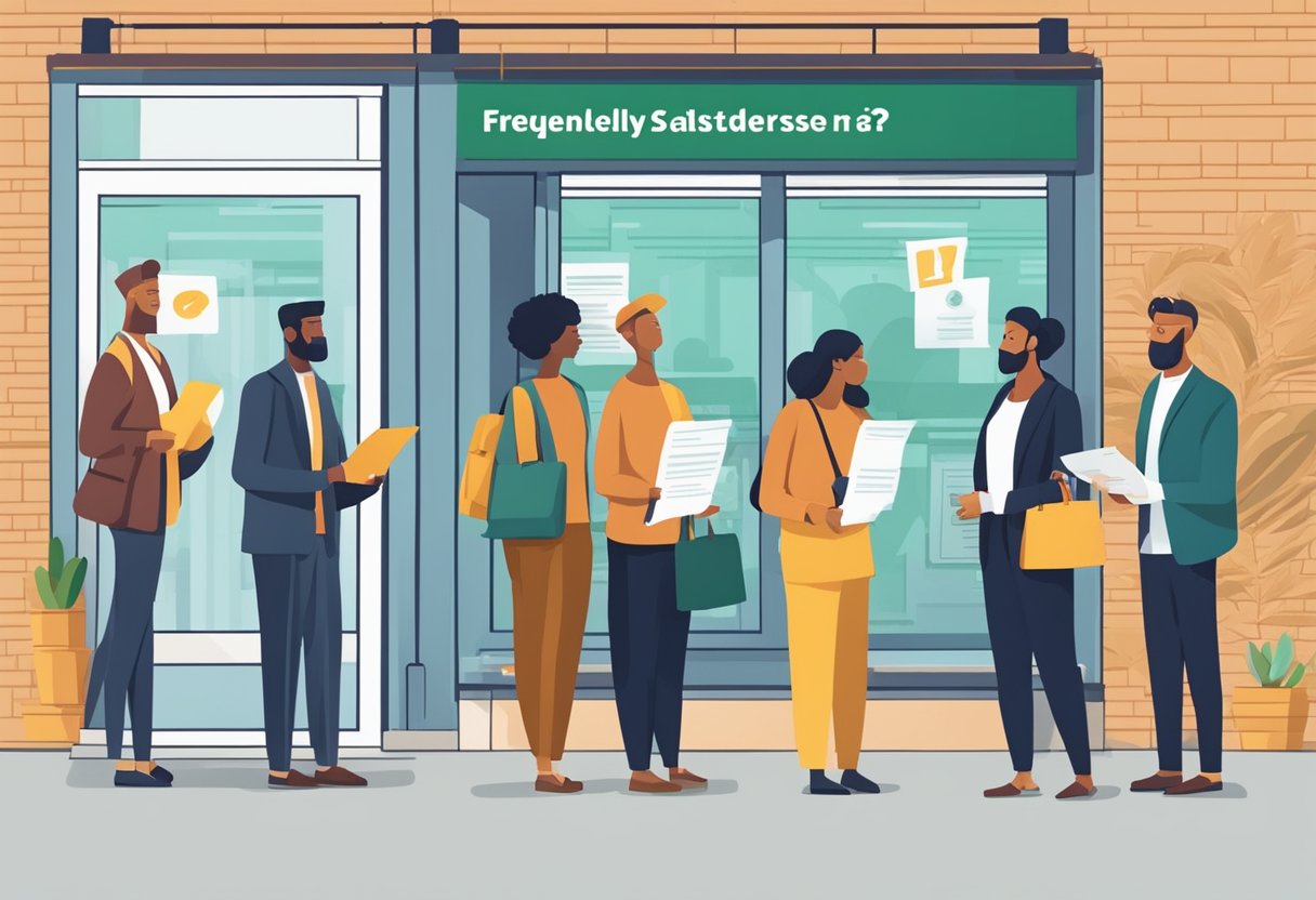 A group of people standing in line, holding papers and looking at a sign that reads "Frequently Asked Questions: Which is the best money lender?"