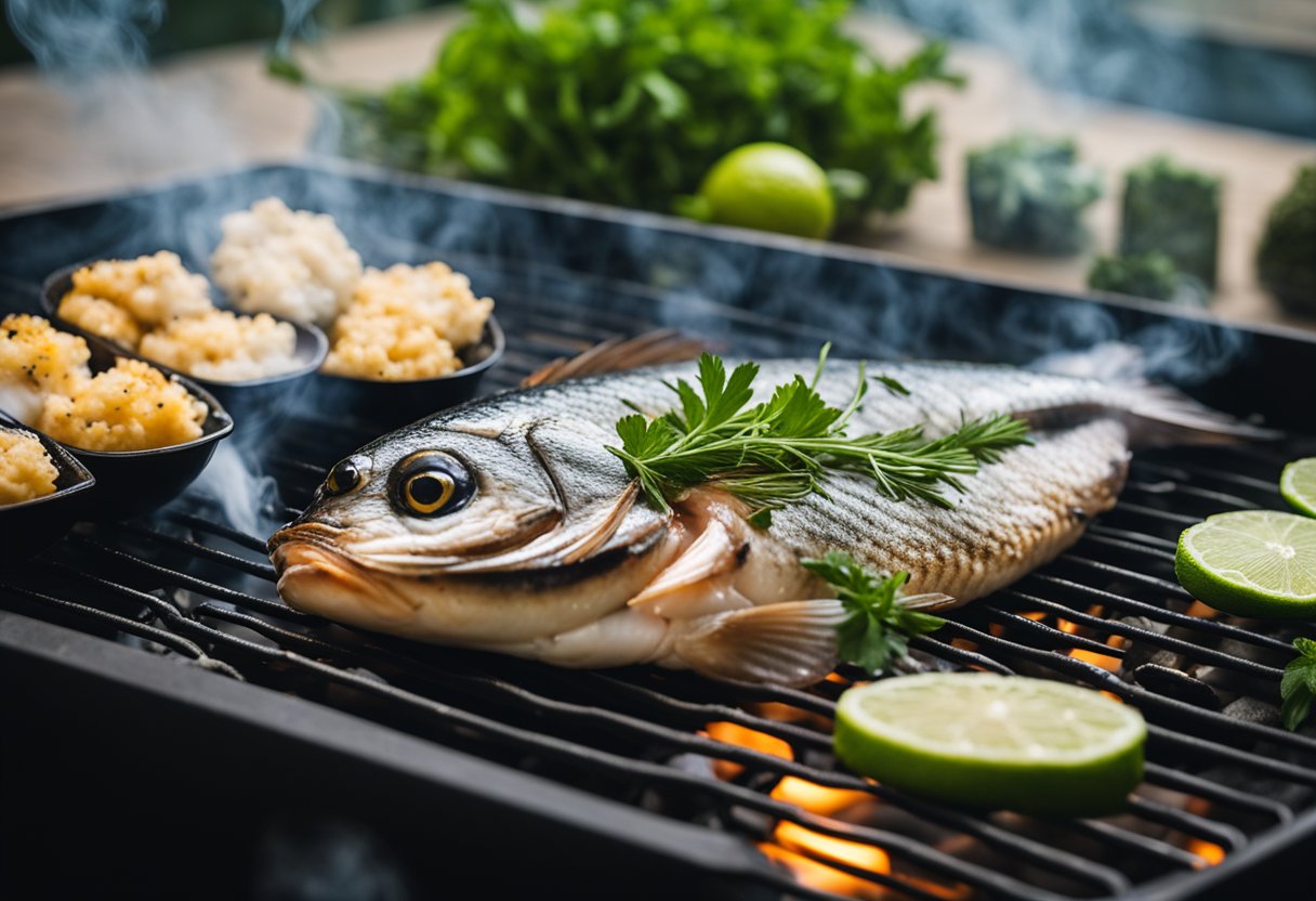 A fish grilling on a hot grill, smoke rising, with a side of fresh herbs and lime slices on a serving platter