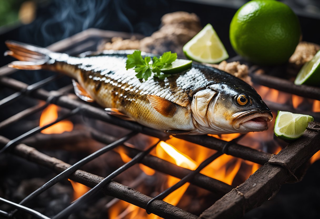 A whole fish grilling on a wire rack over hot coals, with Thai herbs and spices sprinkled on top, and a slice of lime placed on the side