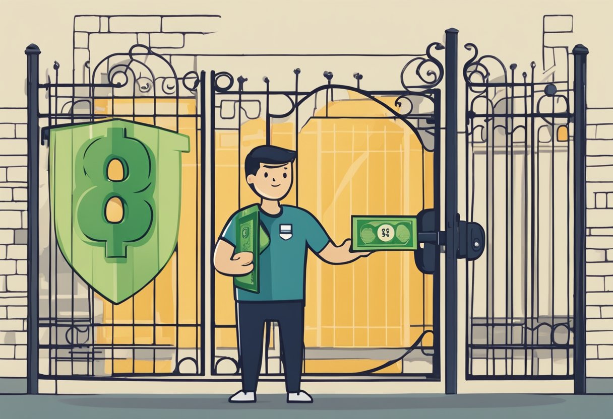 A person holding a shield with a credit score symbol, standing in front of a locked gate labeled "Money Lender" and "Credit Bureau."