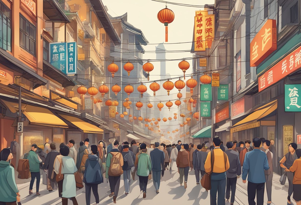 A bustling Chinatown street with Loan Services trillion money lender sign, people navigating through the crowded area