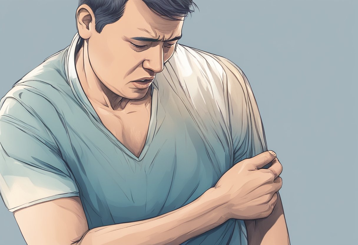 A person clutching their chest, wincing in pain, sweating profusely, and struggling to breathe