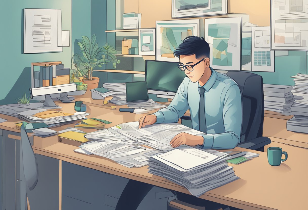 A person sitting at a desk, surrounded by paperwork and a computer, with a sign that reads "Frequently Asked Questions in house renovation loan singapore money lender" displayed prominently