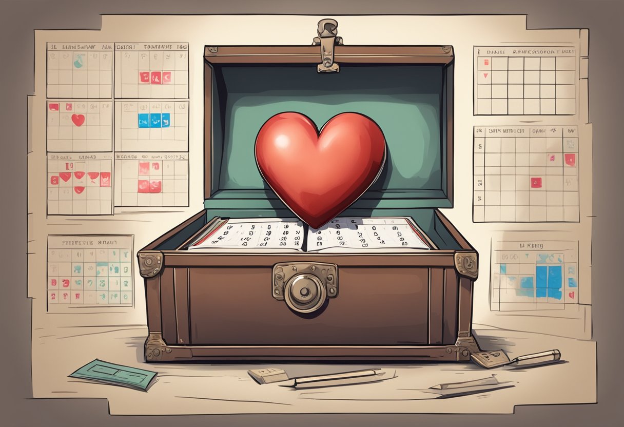 A heart pounding in a chest, surrounded by a calendar marking the days before a period