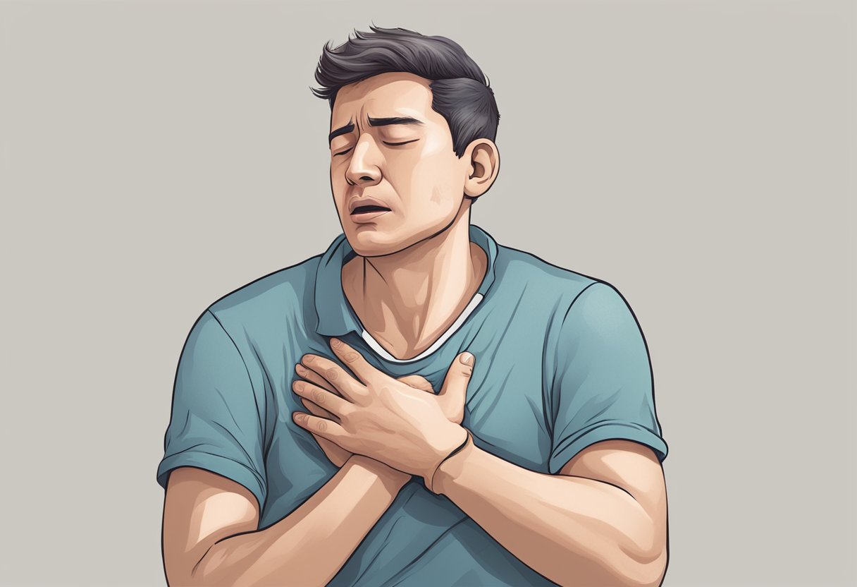 A person clutching their chest in pain, sweating, and experiencing shortness of breath