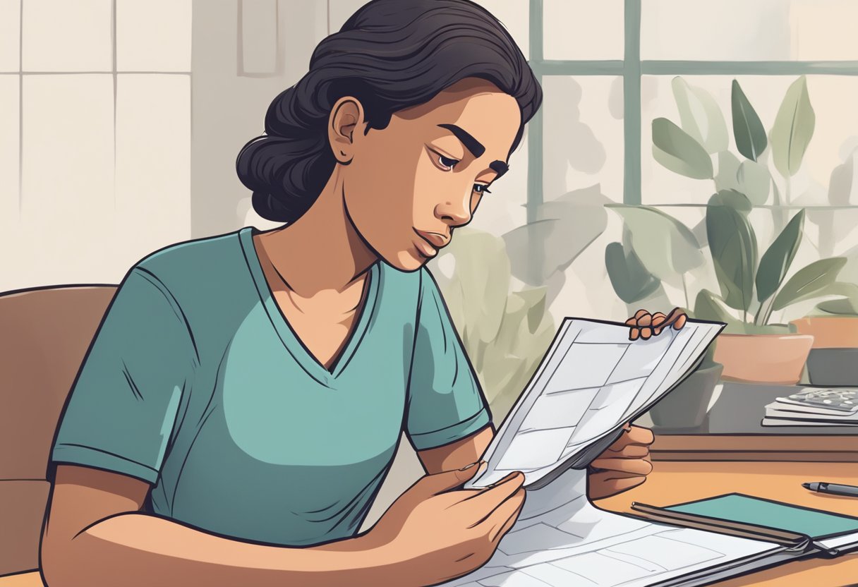 A person with a concerned look on their face, holding their chest and looking at a calendar indicating the days before their period