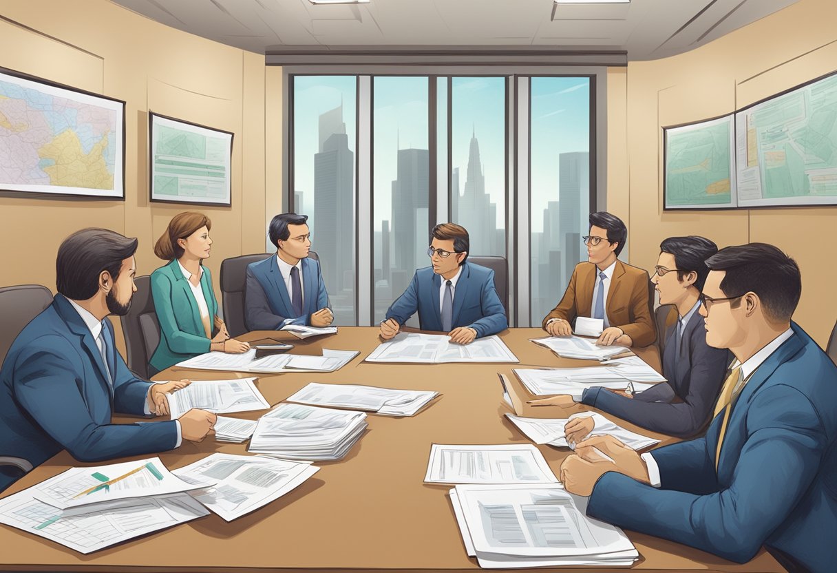 A group of tier 4 microfinance institutions and money lenders discussing regulations in a boardroom setting, with documents and charts spread out on the table