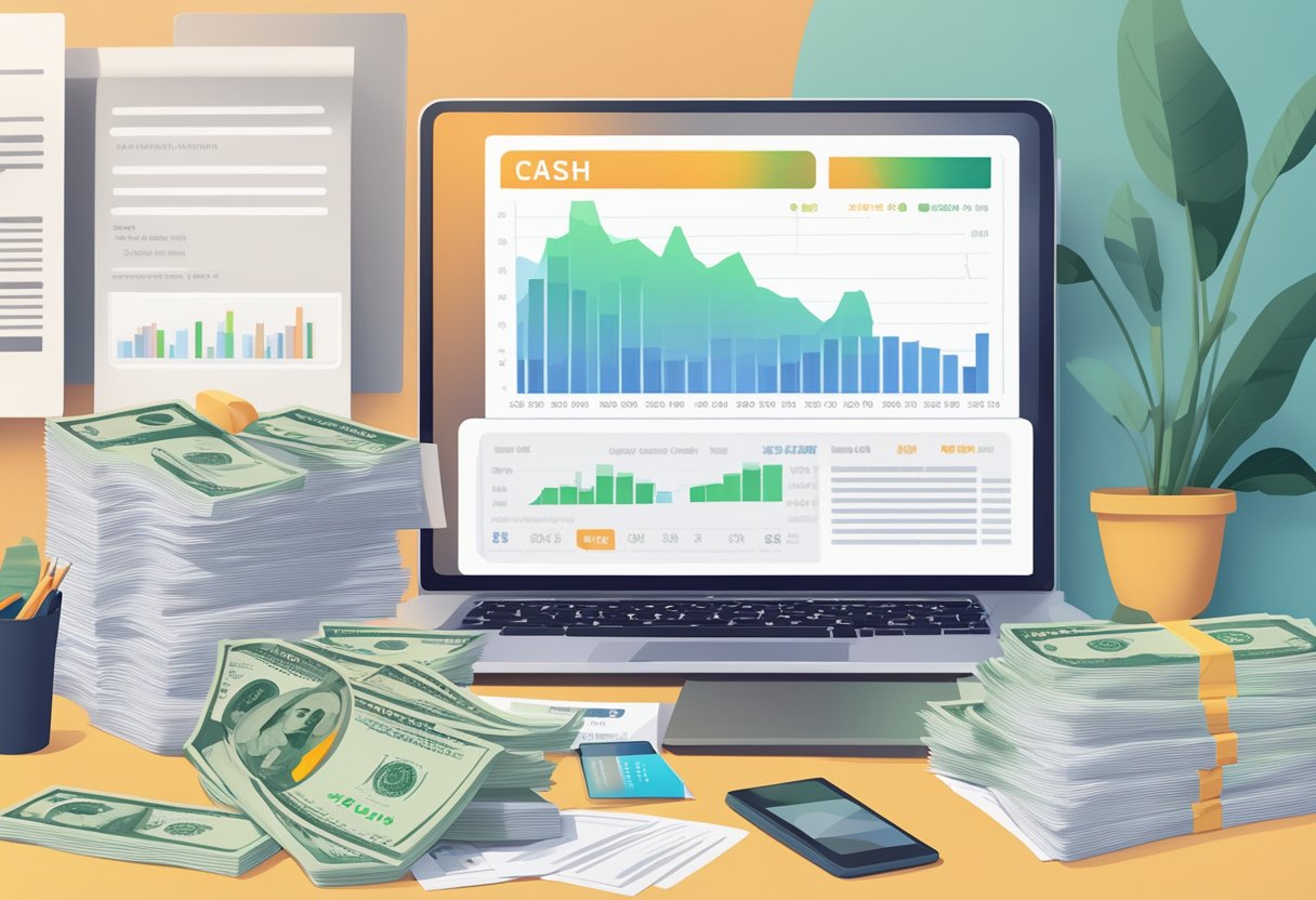 A stack of cash sits on a desk, surrounded by documents and a computer screen displaying credit scores and loan information