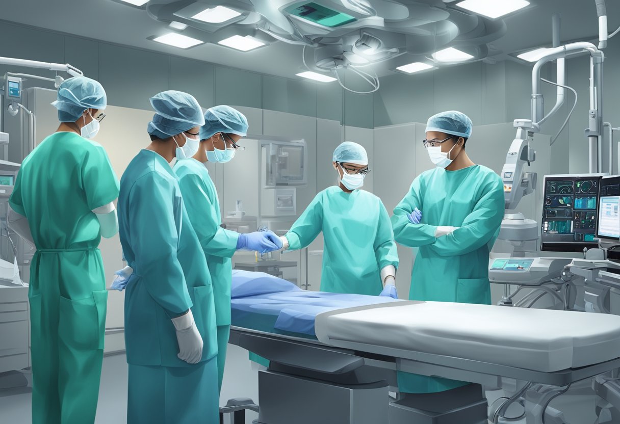 A heart surgeon in a sterile operating room in Singapore, surrounded by advanced medical equipment and a team of focused medical professionals