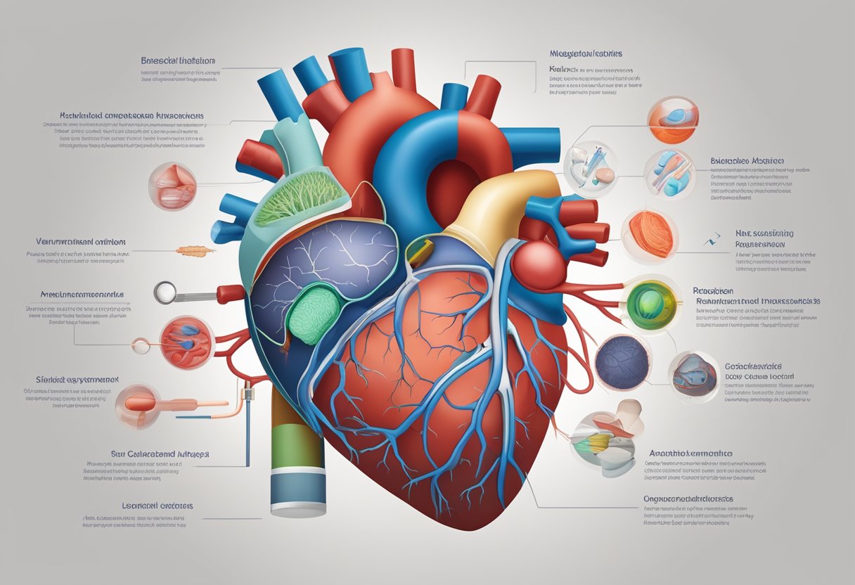 A heart with blocked arteries, surrounded by various treatment options and diagnostic tools