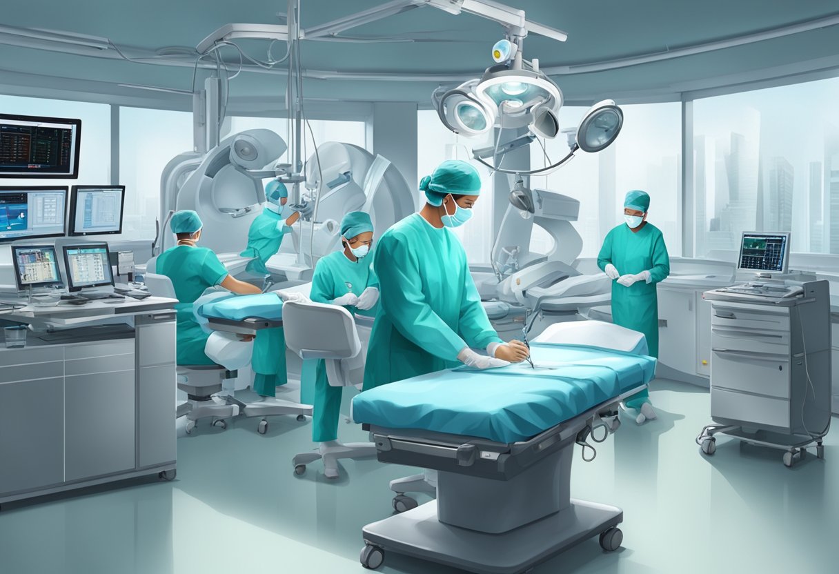 A heart surgeon in Singapore carefully performs surgery, surrounded by advanced medical equipment and a skilled team of professionals