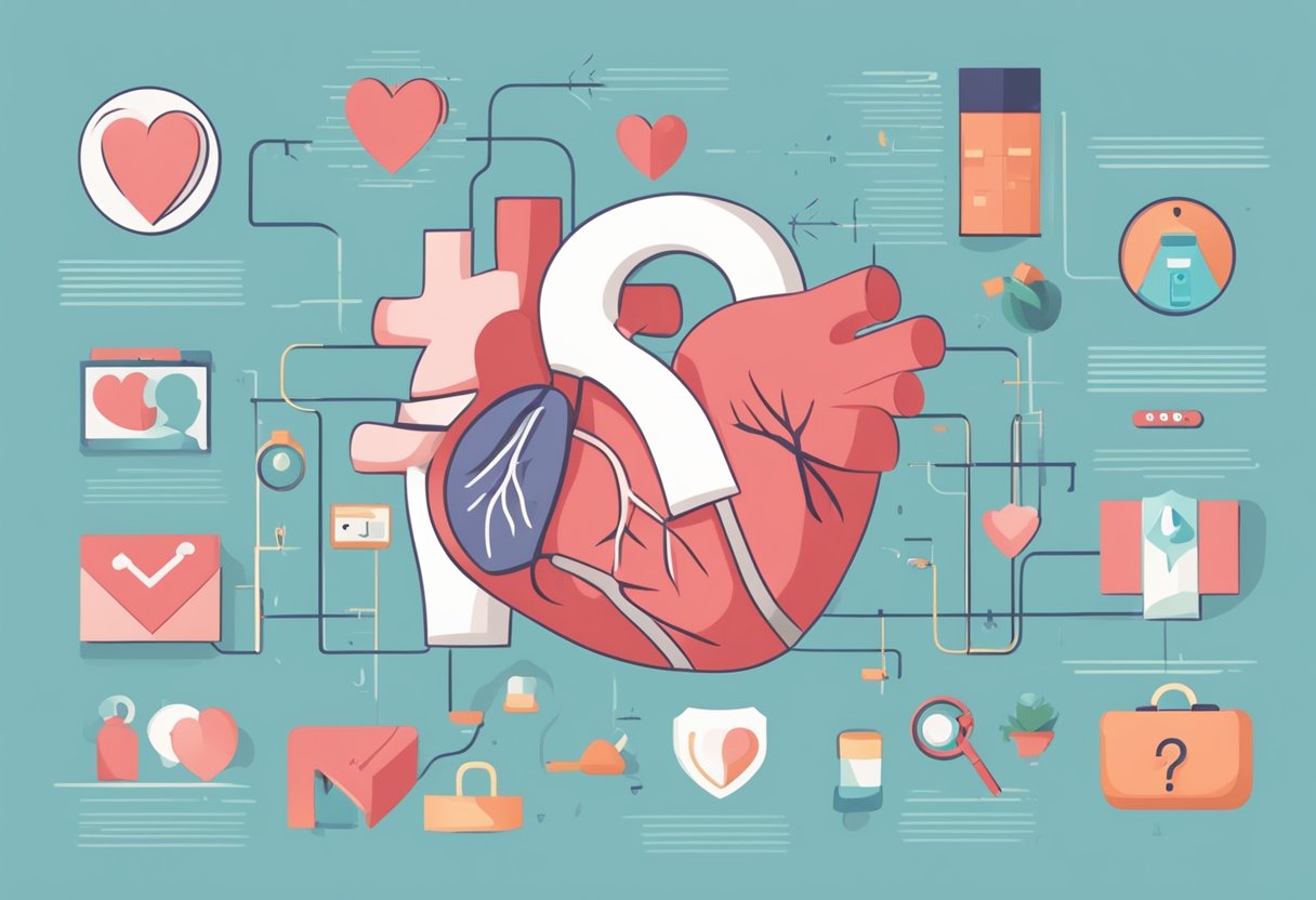A heart with a question mark inside, surrounded by symptoms such as chest pain, shortness of breath, and dizziness