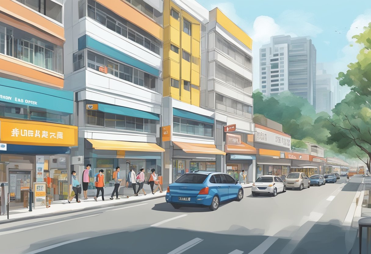 A bustling street in Jurong West with a prominent money lender shop. Pedestrians and vehicles pass by, while the shop's sign stands out