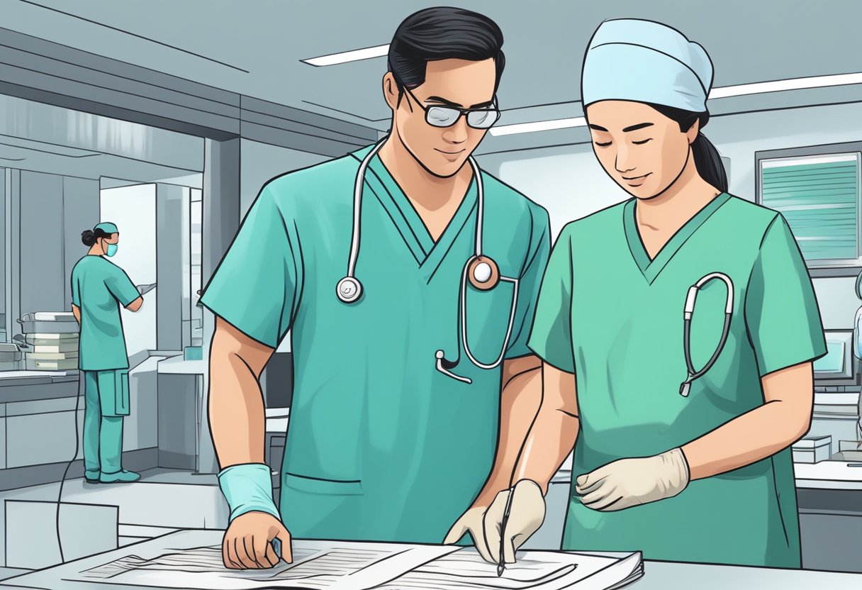 A surgeon in scrubs selects a heart surgeon from a list in a modern Singapore hospital