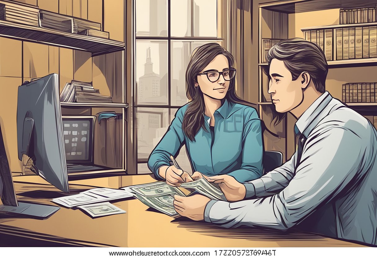 A licensed money lender provides counseling to a client, discussing financial options and offering guidance