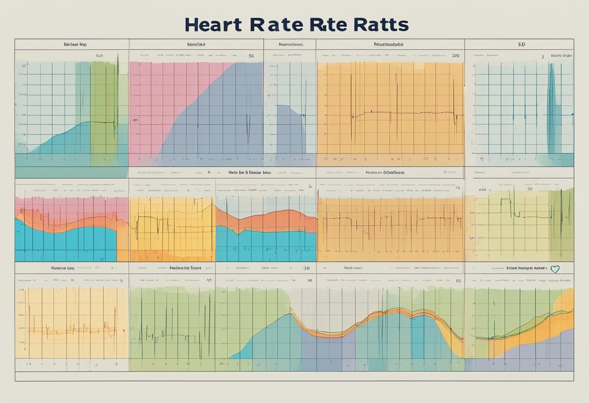 A heart rate chart displays a range of beats per minute, with a clear and easy-to-read layout. The chart includes labeled sections for different heart rate zones, making it a useful tool for monitoring and understanding heart rate fundamentals