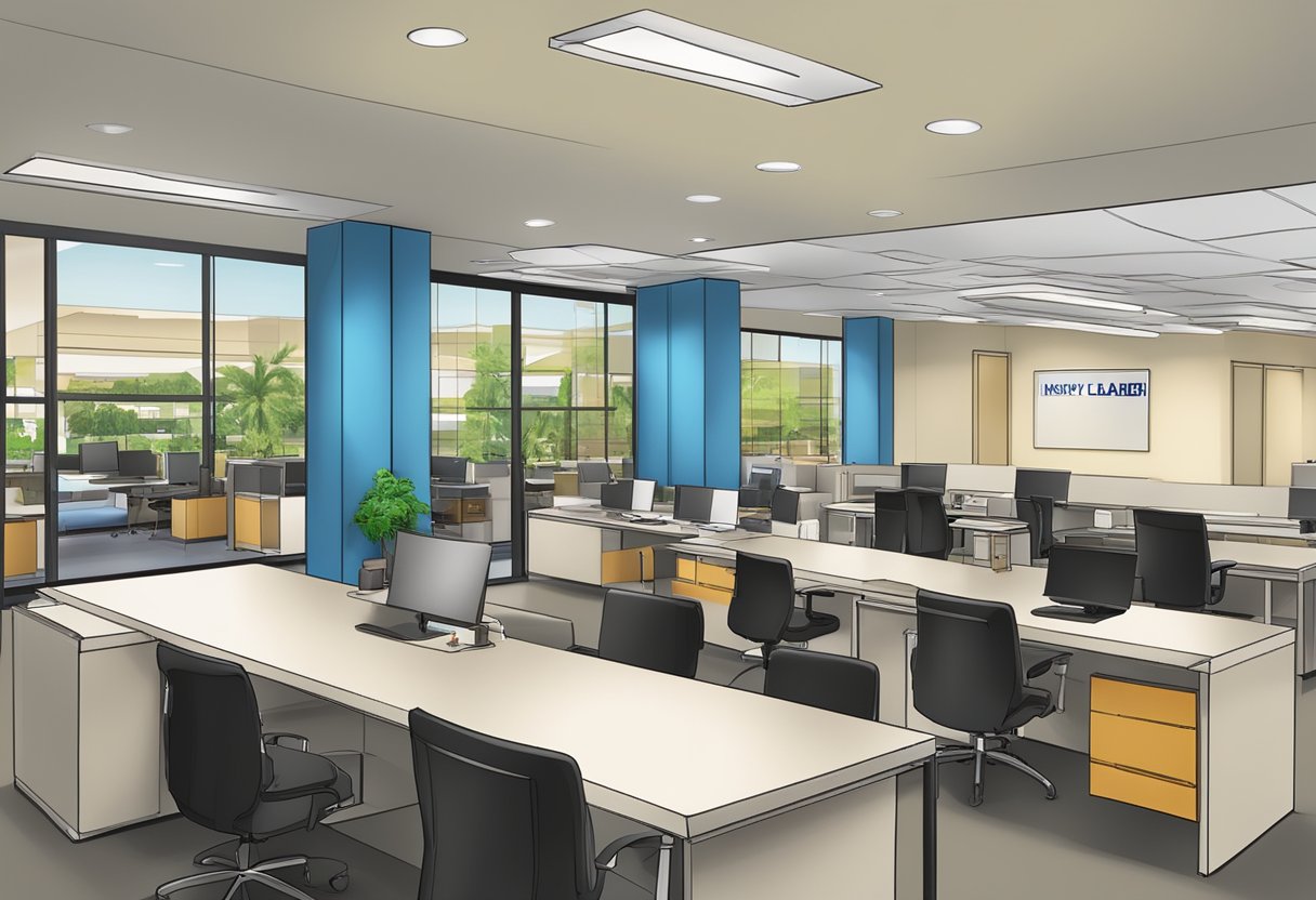 A licensed money lender's office at International Plaza, with a sign displaying the company's name and logo. The office is filled with desks, chairs, and customers waiting in line