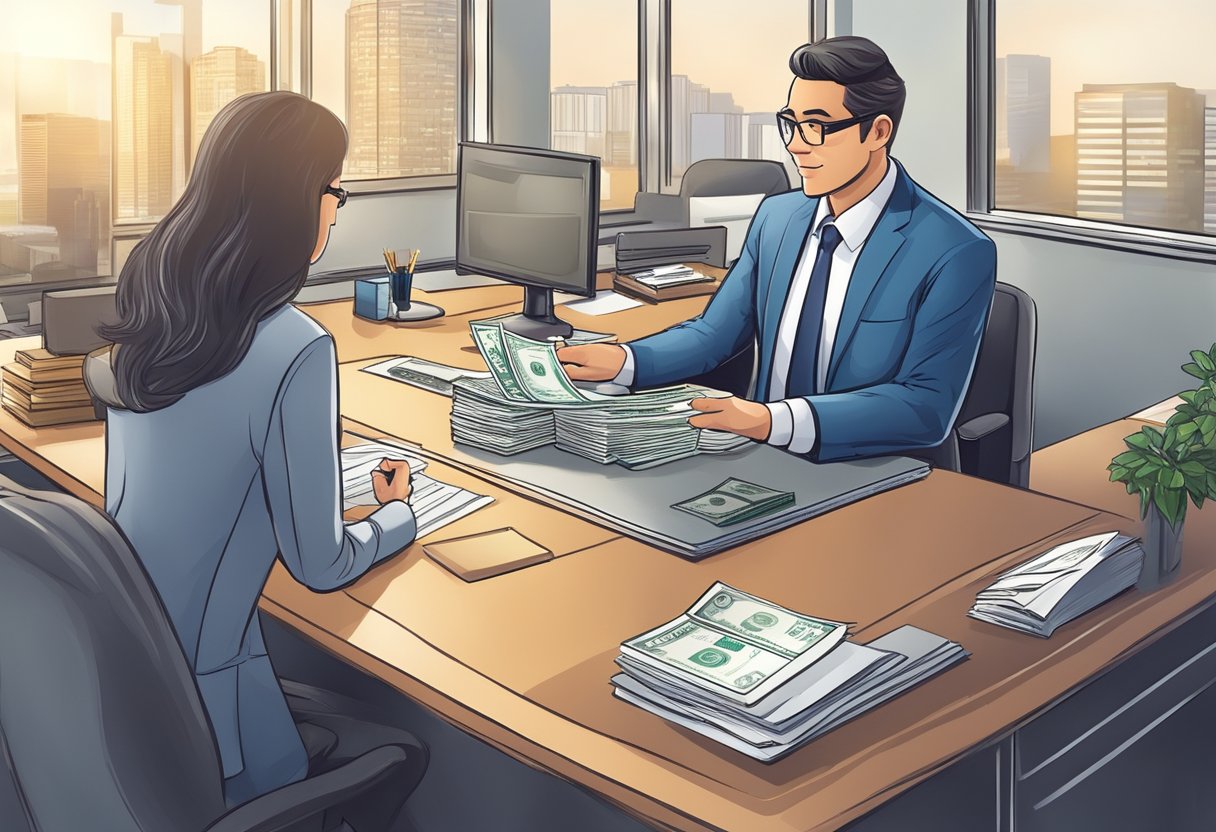 A licensed money lender receives payment from a client in a secure office setting. The lender provides a receipt, and the client leaves with a settled account