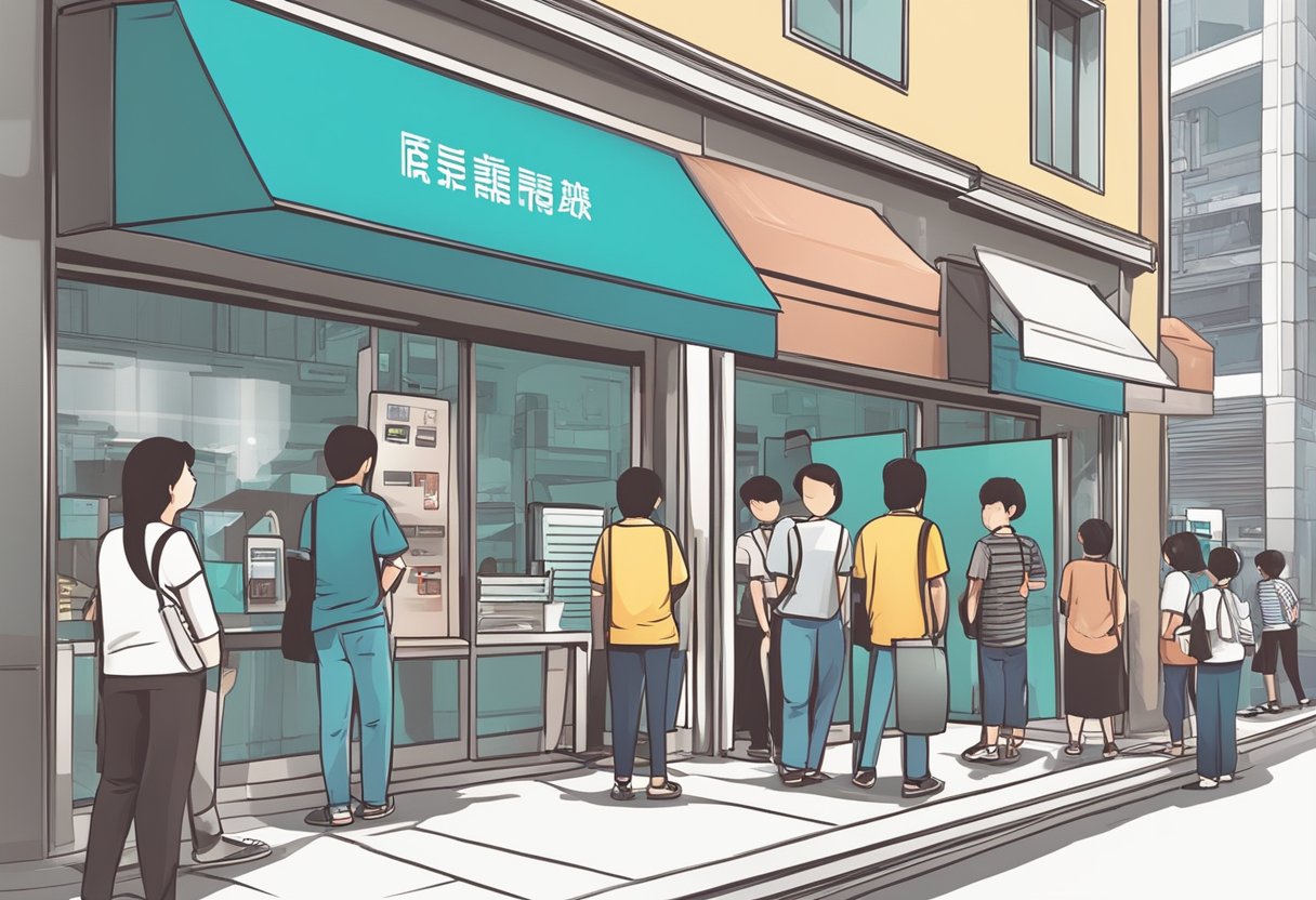 A moneylender's storefront in Jurong West, with a sign displaying interest rates and loan terms. Customers waiting in line outside the office