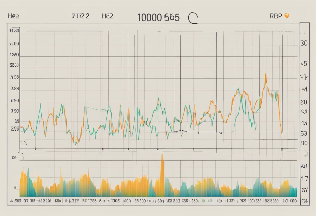 A heart rate chart is displayed on a monitor, with fluctuating lines and numbers indicating the heart's activity