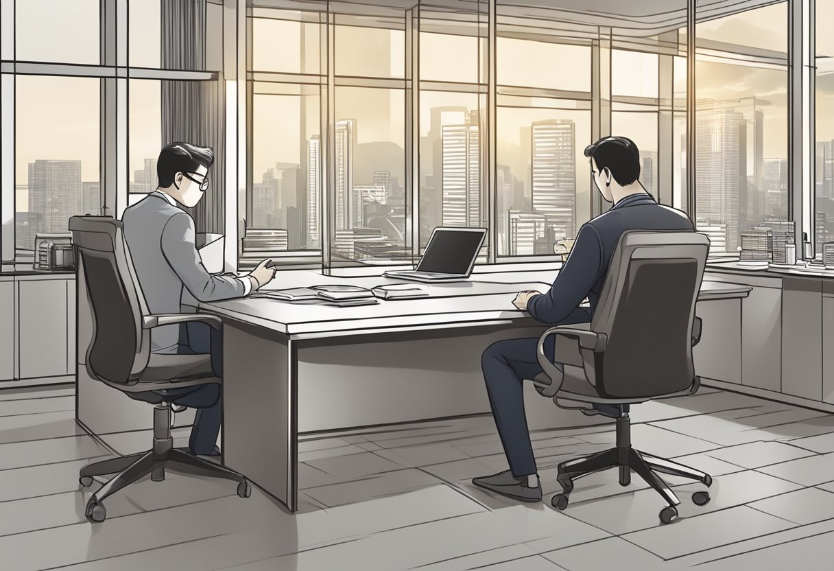 A licensed money lender counsels a client in Singapore, explaining the terms and conditions of a loan agreement