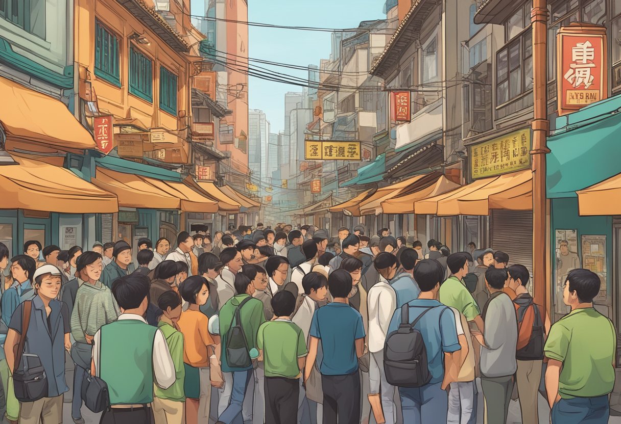 A bustling Chinatown street with a prominent sign for "Trillion Money Lender" and people lining up with questions in hand