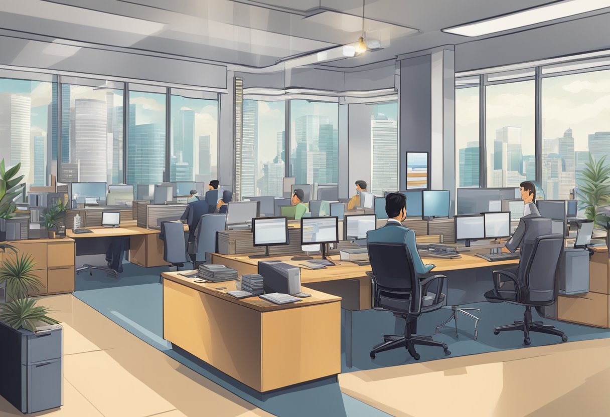 A licensed moneylender's office at International Plaza, with a sign and a desk, surrounded by bustling business activity