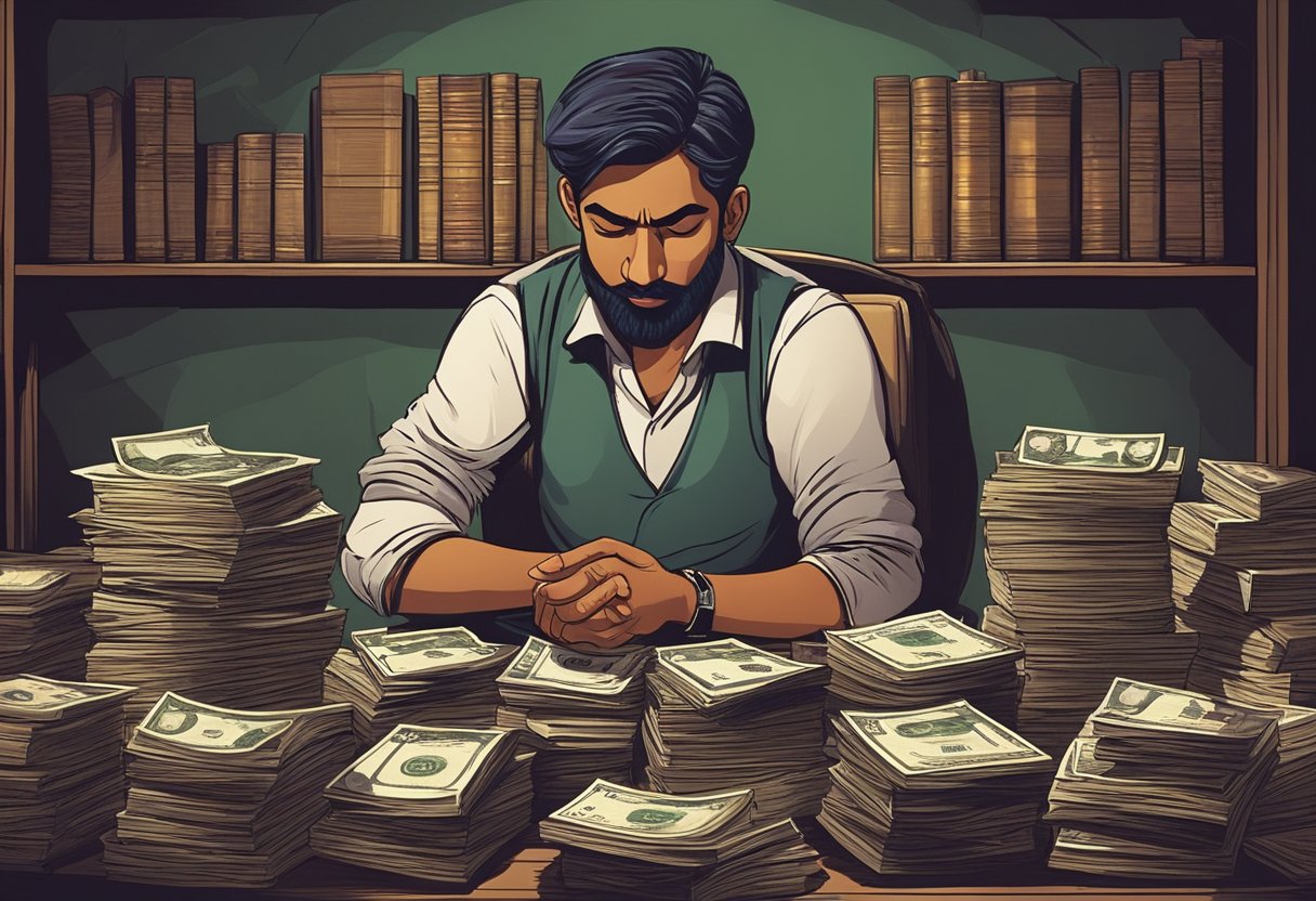An Indian money lender sitting behind a desk, counting stacks of rupee notes with a serious expression on his face. The room is dimly lit with shelves of old books in the background