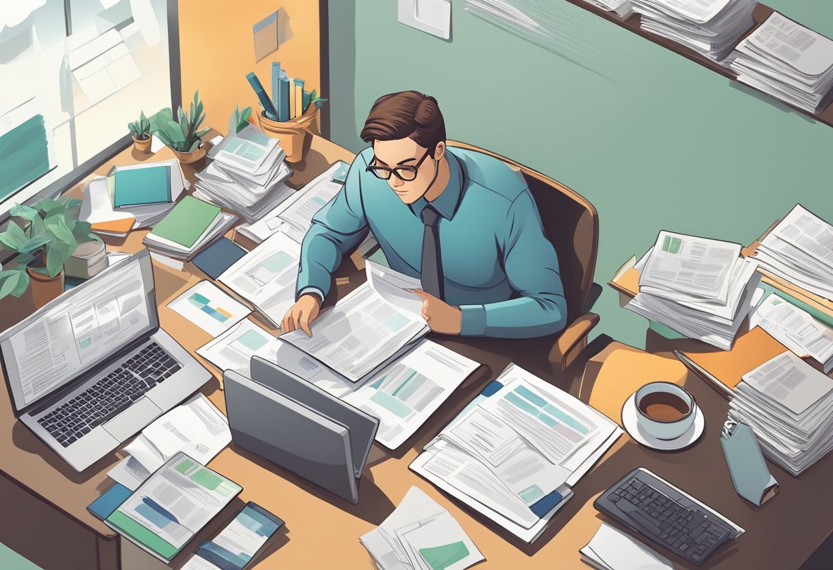 A person sitting at a desk, surrounded by documents and a computer, carefully considering loan options and financial responsibility