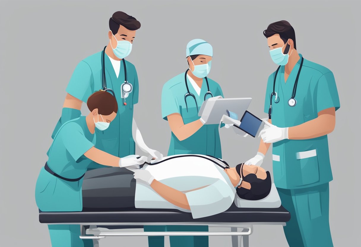 A medical team administers CPR and defibrillation to a patient in distress. Medical equipment and personnel are focused on the emergency treatment