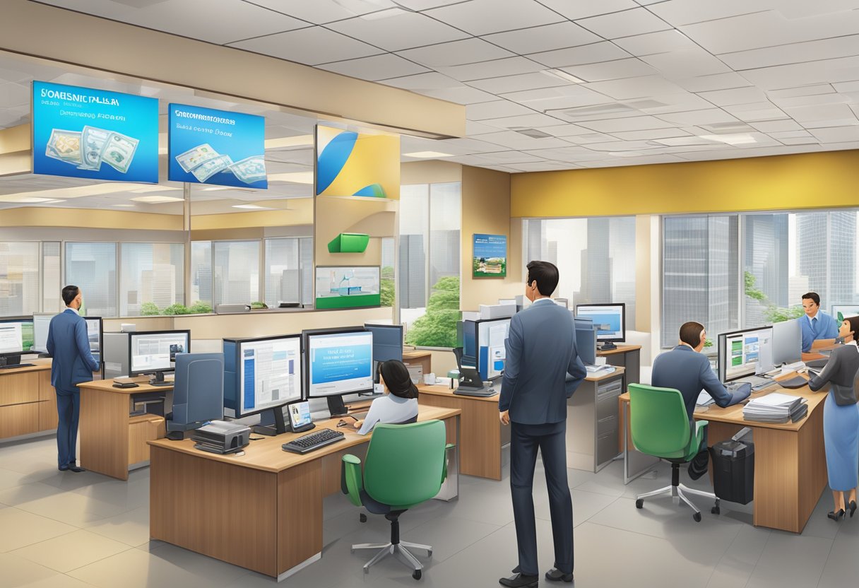 A bustling office at International Plaza, licensed money lender signage, various loan services and products displayed