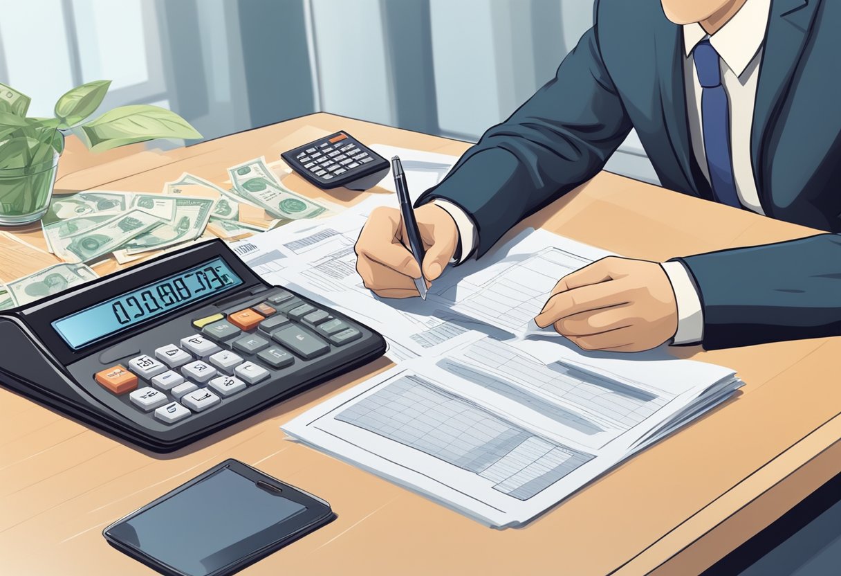 A person sits at a desk with papers and a calculator, receiving financial counseling from a licensed money lender