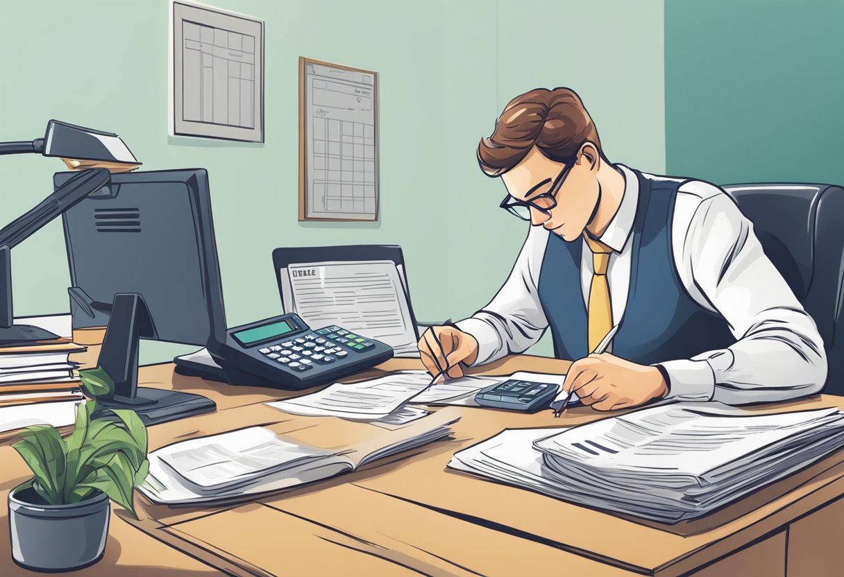 A person sitting at a desk, with a calculator and paperwork, carefully making loan repayments to a licensed money lender