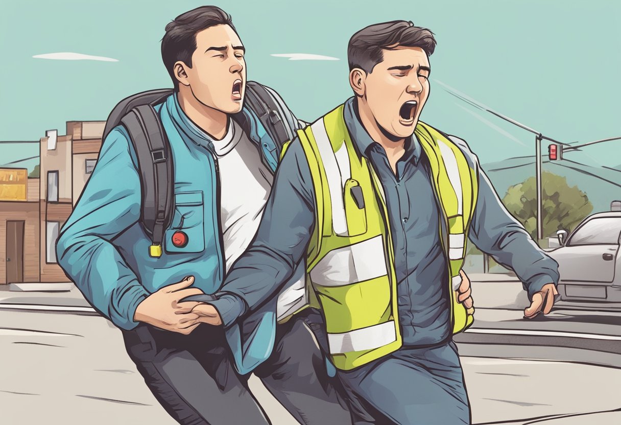 A person clutching their chest, grimacing in pain, while someone else calls for help and retrieves a defibrillator