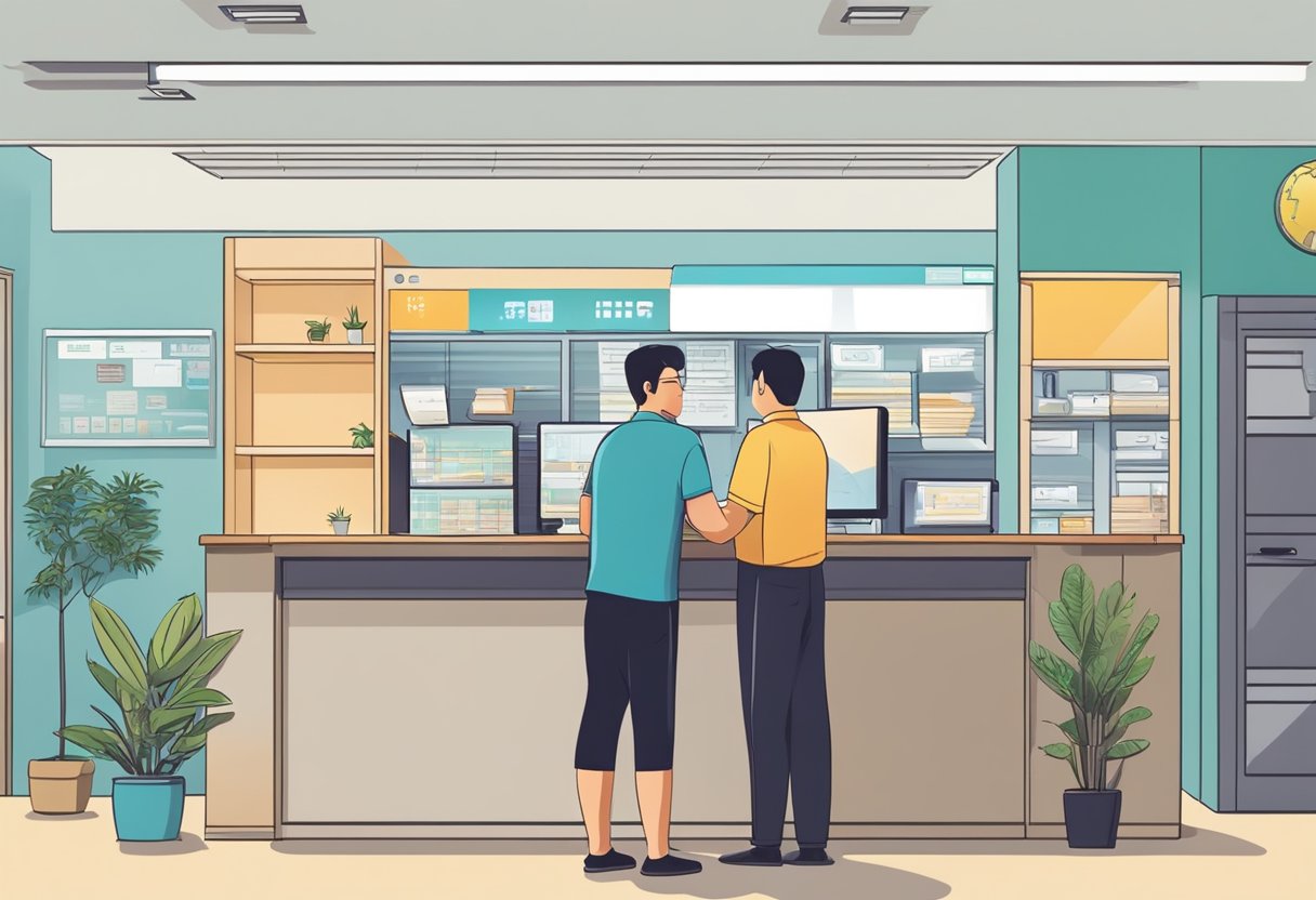 A customer standing at the counter, asking questions to a staff member at a money lending office in Jurong West