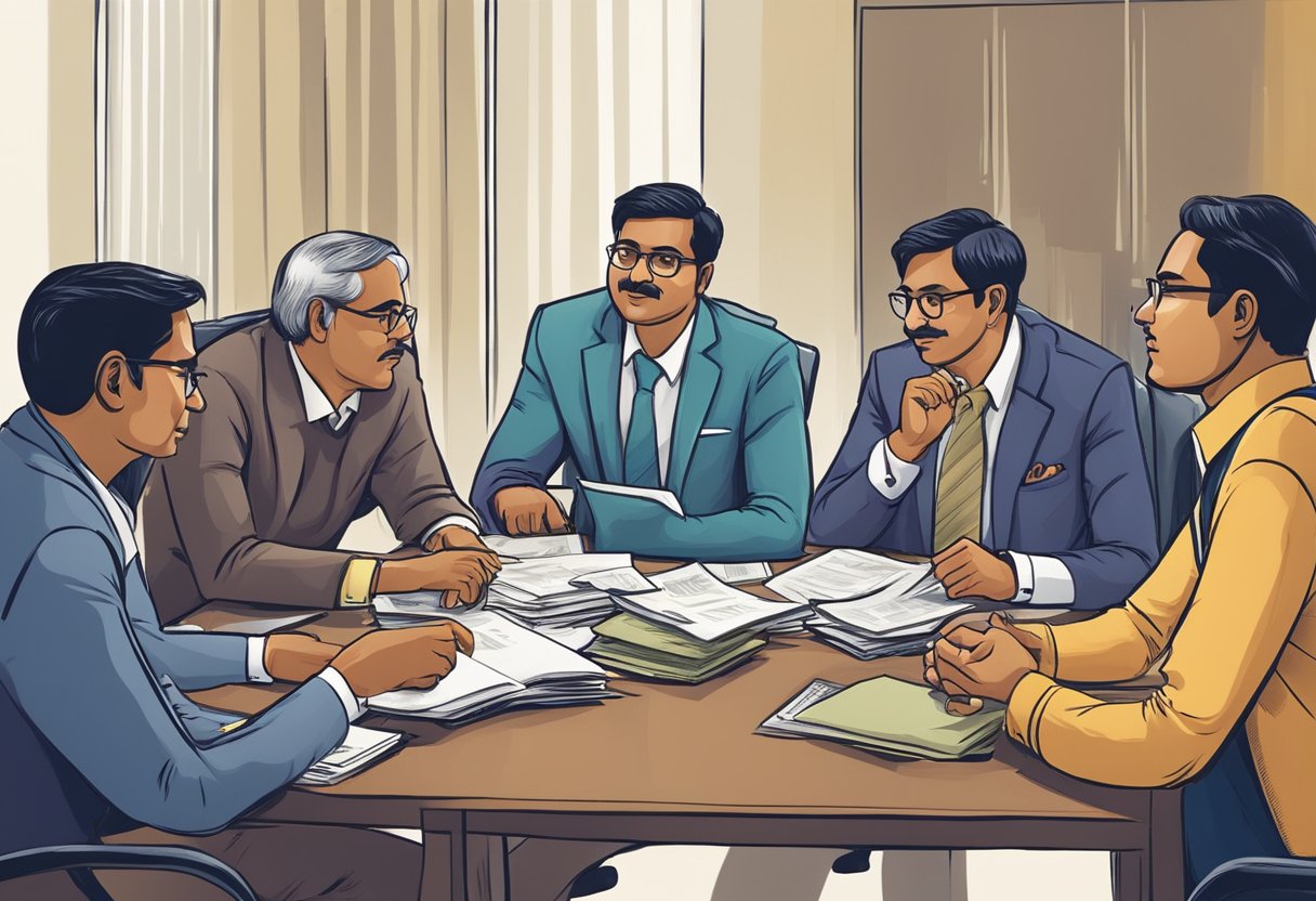 A group of Indian money lenders in Singapore, seated at a table, negotiating loan terms with clients. The lenders exude confidence and authority as they discuss financial matters