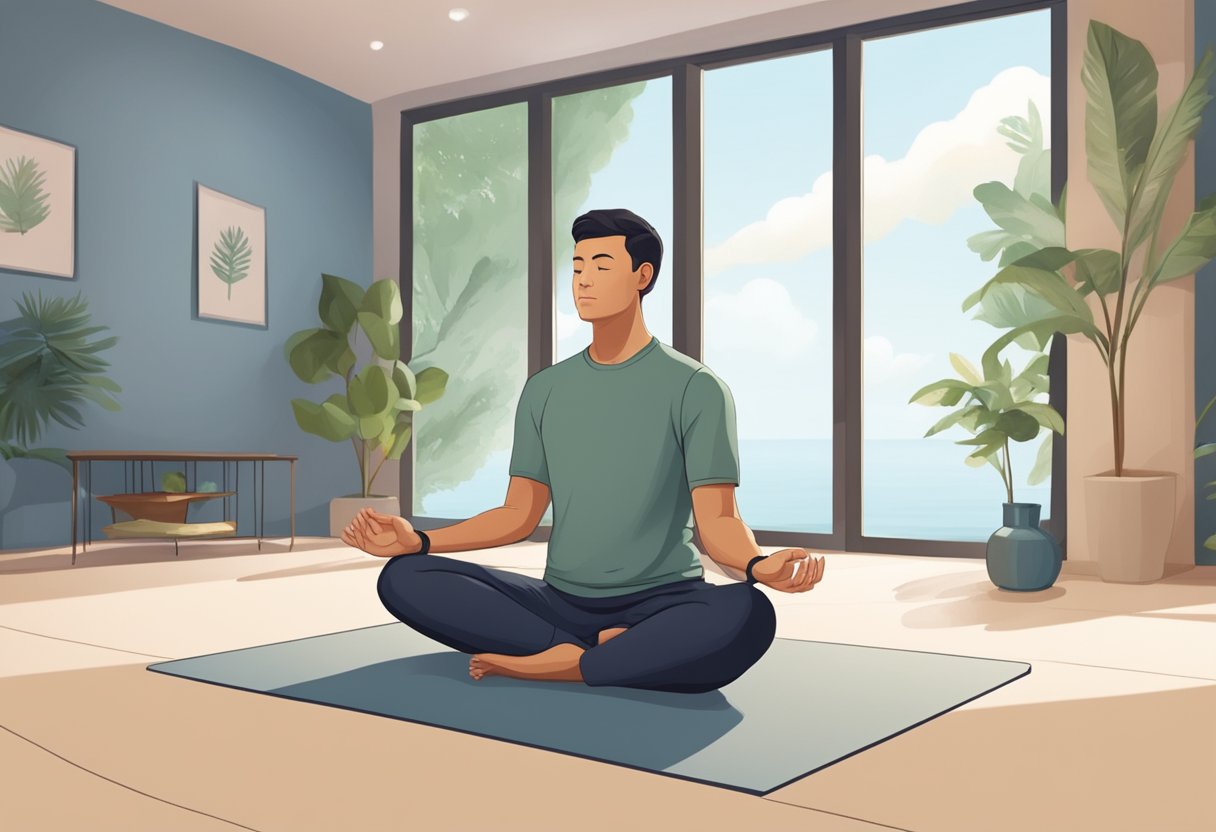A person meditates in a quiet room, focusing on deep breathing and relaxation techniques to decrease their heart rate