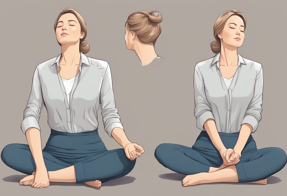 A woman sits calmly with a relaxed expression, her chest rising and falling gently as she breathes
