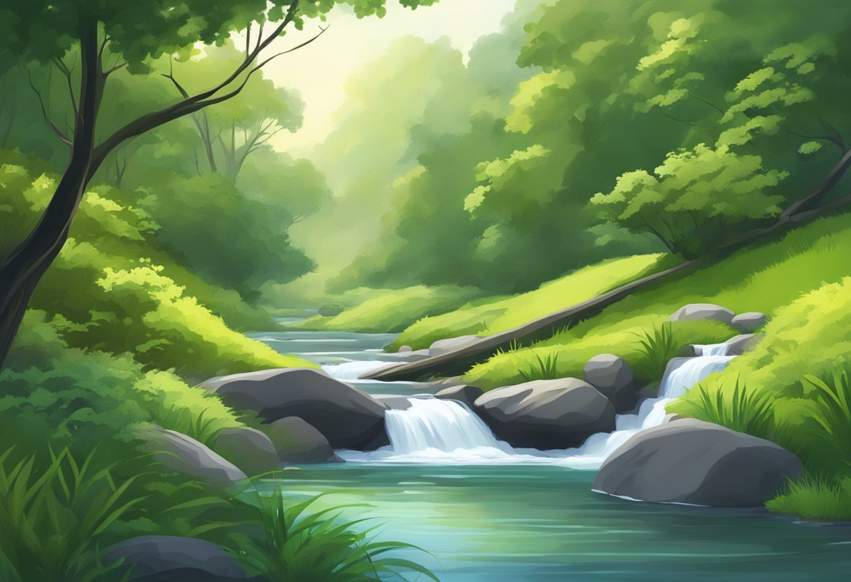 A serene natural setting with a calm, flowing stream and lush greenery, surrounded by peaceful silence