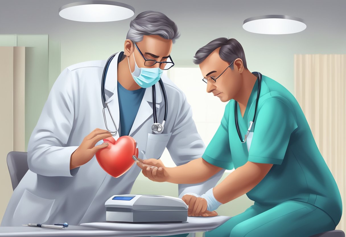 A doctor administers medication and uses medical equipment to treat a heart attack