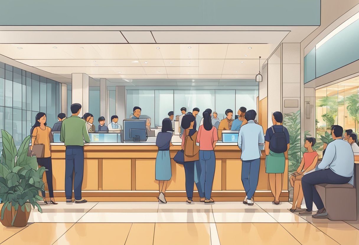 A bustling lobby at International Plaza, with a prominent sign for a licensed money lender. People queue at the counter, while others sit and wait