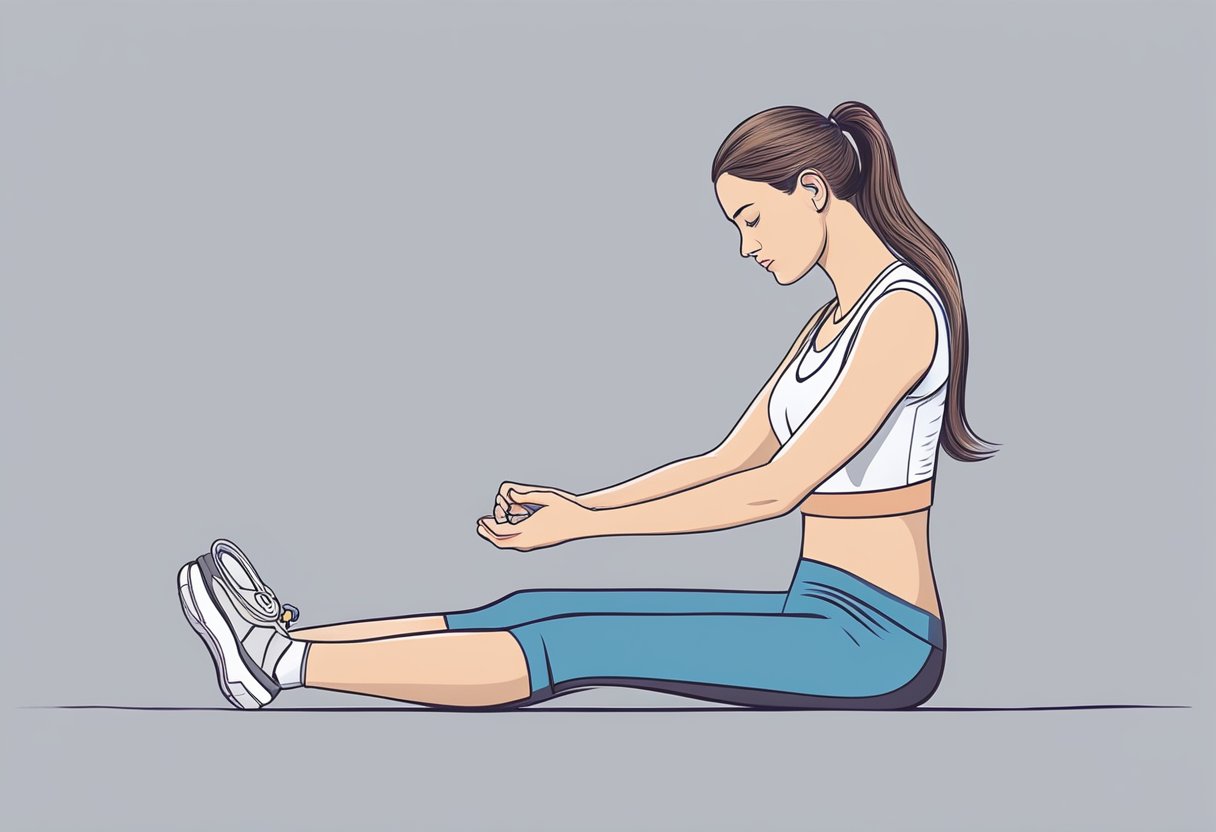 A woman sits calmly, her chest rising and falling gently as she measures her resting heart rate