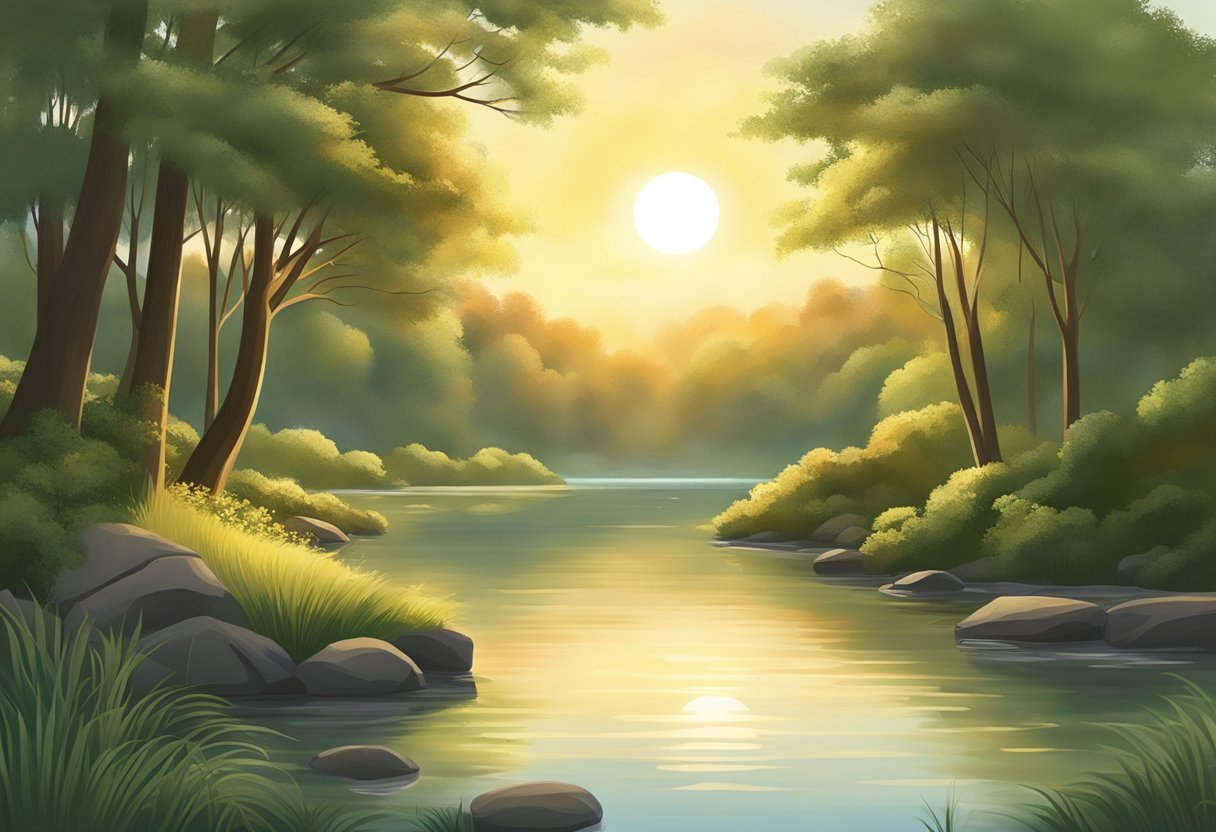 A peaceful nature scene with a calm body of water, surrounded by lush greenery and gentle, swaying trees. The sun is setting, casting a warm, golden glow over the tranquil landscape