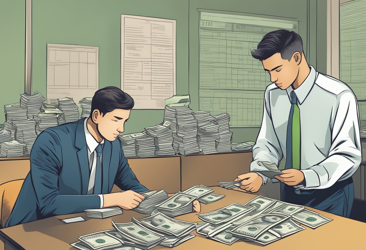 A person counting money while another person looks on, surrounded by financial documents and a sign for consumer protection