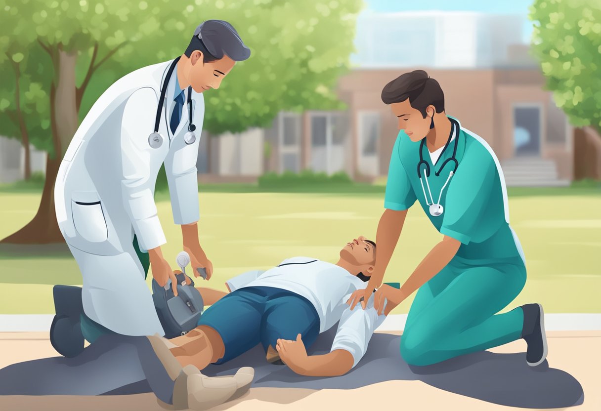 A doctor administering CPR to a patient on the ground, while another medical professional prepares a defibrillator