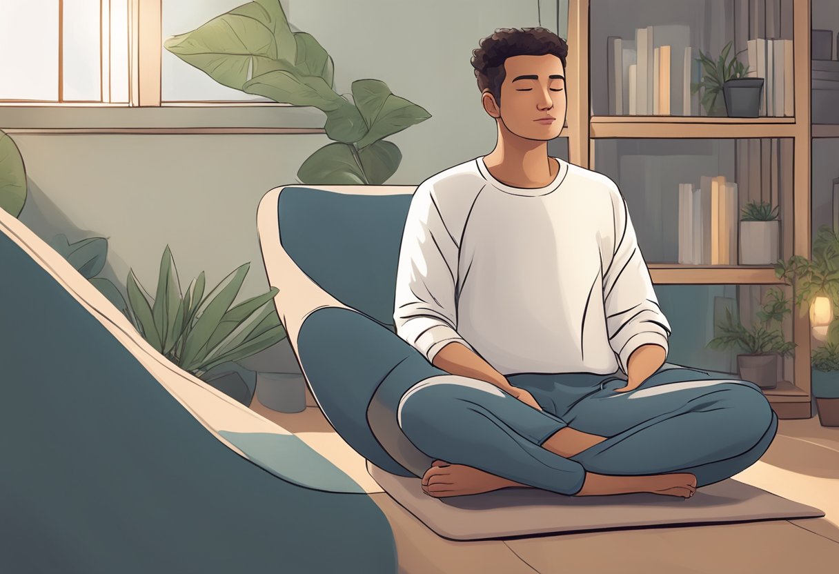 A person sitting in a calm, quiet environment, taking deep breaths and practicing relaxation techniques to lower their heart rate