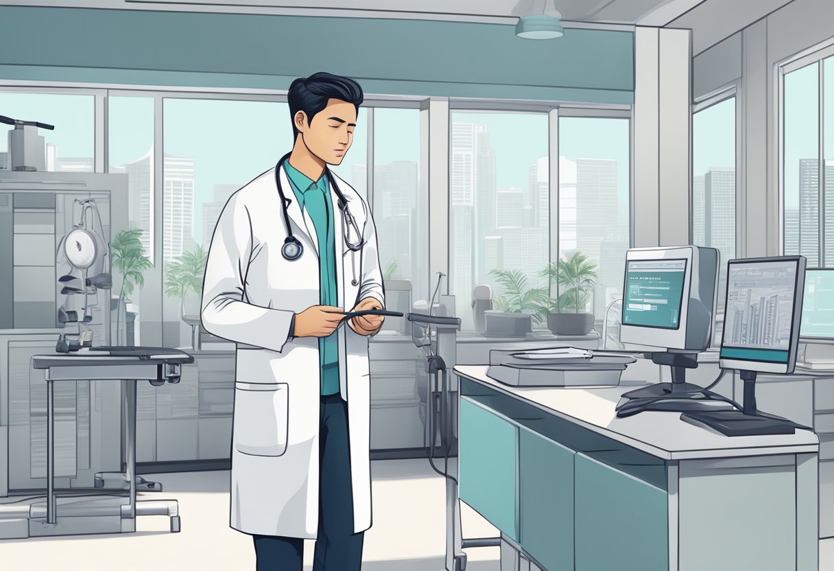 A doctor in a white coat uses a stethoscope to listen to a beating heart in a modern clinic in Singapore