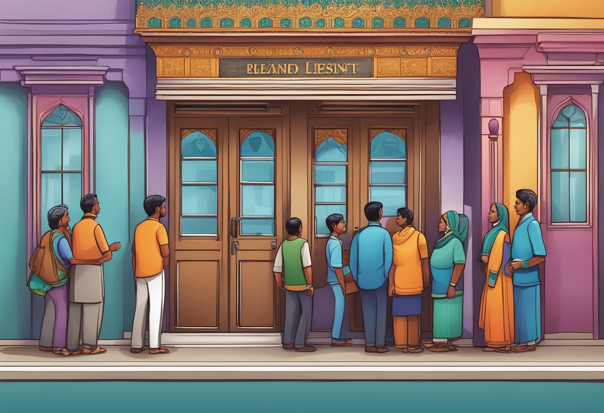 Customers line up outside a traditional Indian money lender's office, waiting to ask questions. The building features intricate architectural details and vibrant colors